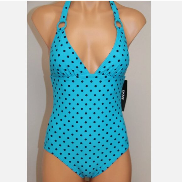 New DKNY Donna Karan Swimsuit 1 one piece size 6 Capri Halter Dots - Picture 2 of 6